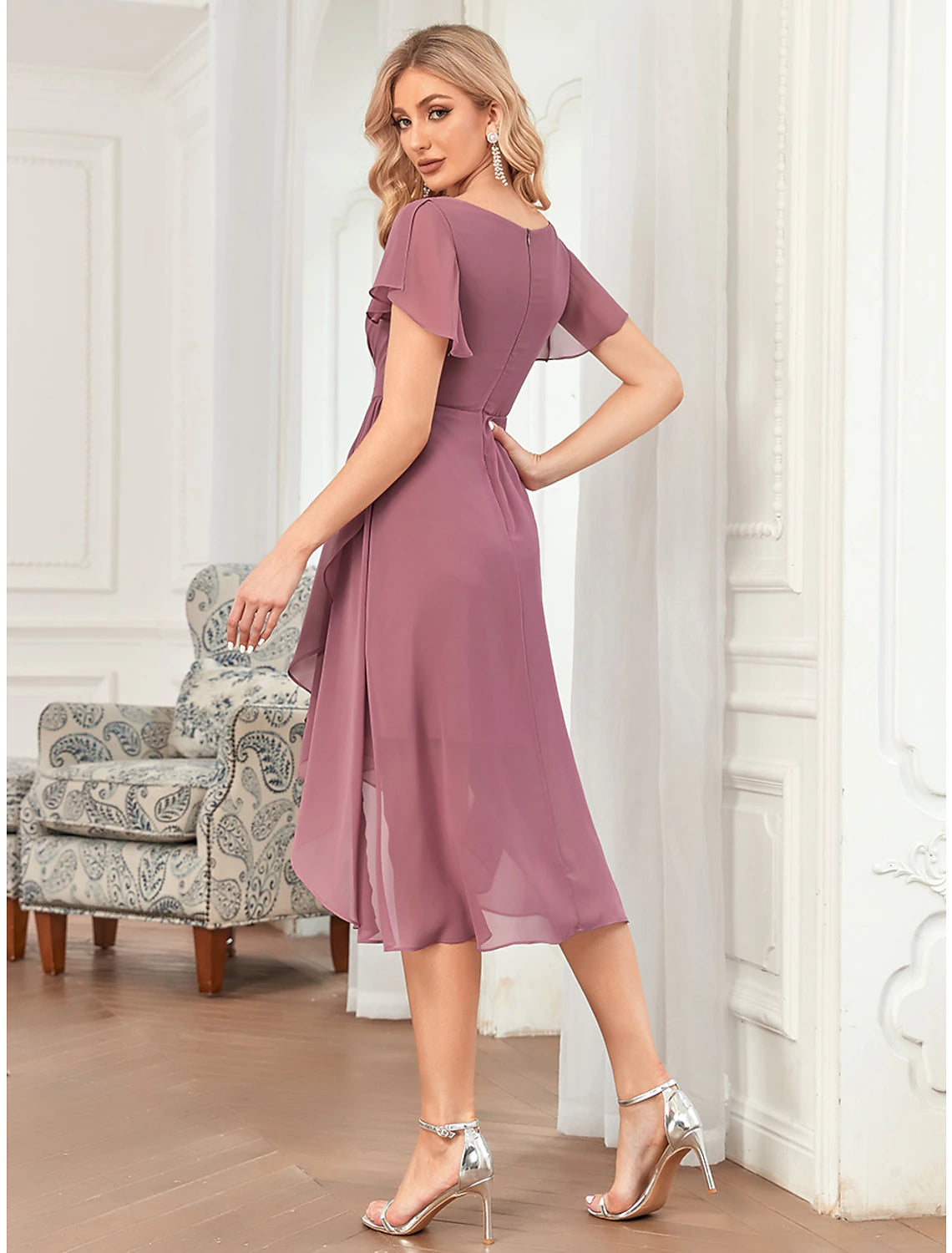 Wholesale A-Line Bridesmaid Dress Plunging Neck Sleeveless Elegant Asymmetrical / Short / Mini Chiffon with Pleats / Cascading Ruffles / Solid Color
